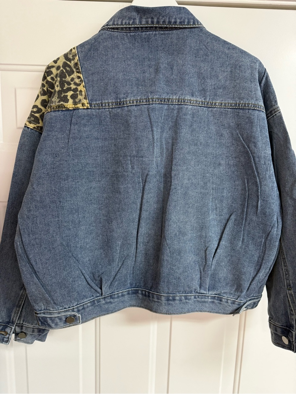 Fashion Inspired Blue Denim Jacket with Leopard Panels and Embellished Patches - Picture 3 of 3